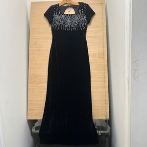 Rhapsody Ltd Black Velvet Rhinestone Gown Short Sleeve Open Back Formal Dress 6